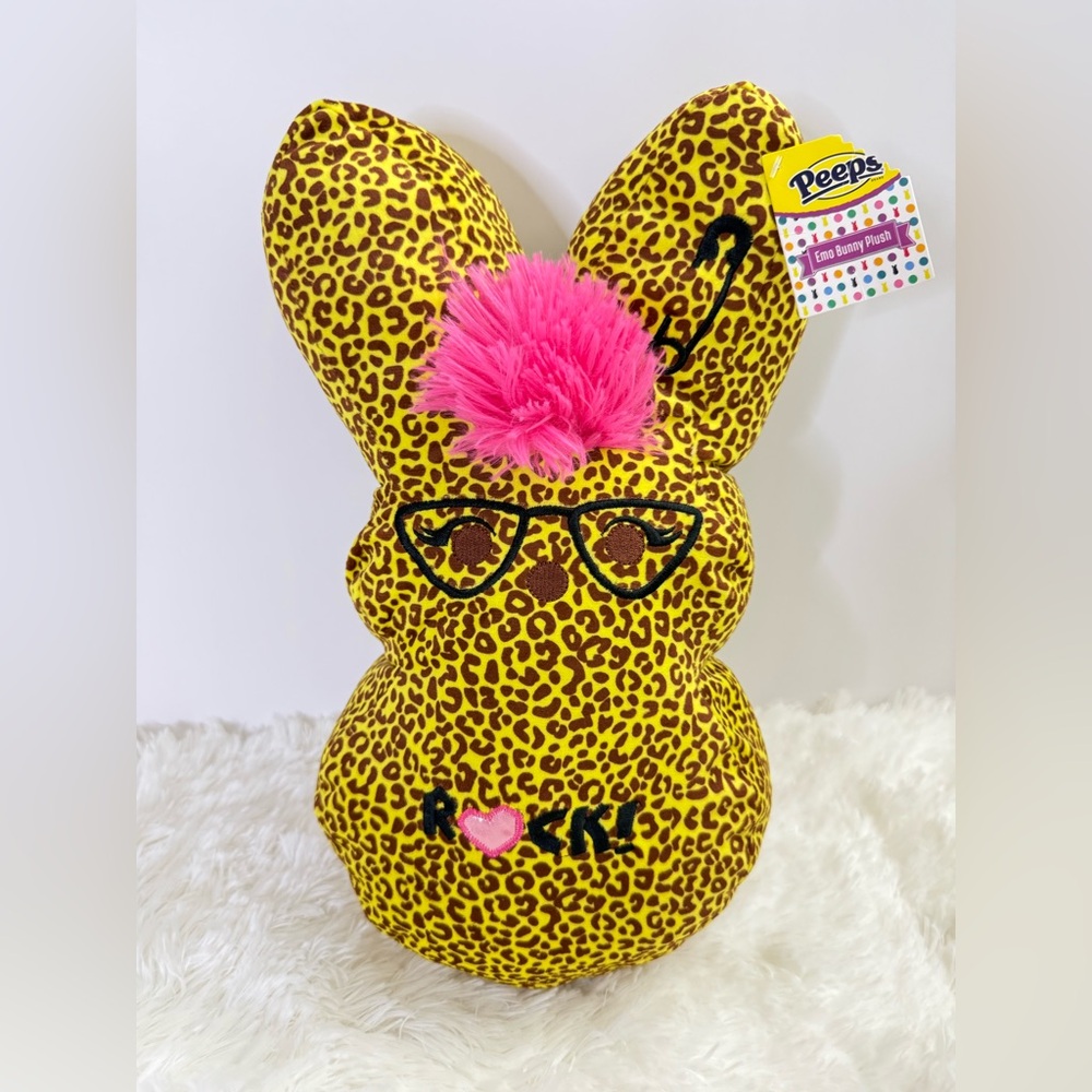 Peeps Emo Bunny Plush -6” Leopard Print Pink  Mohawk Glasses  Rock Emo